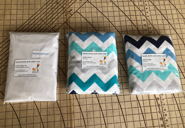 Twin Pack Fitted sheets and waterproof mattress protector to fit portacot