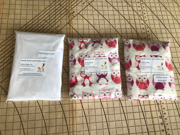 Twin Pack Fitted sheets and waterproof mattress protector to fit portacot