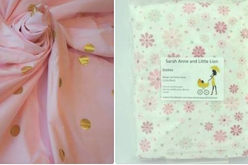 Stokke Sleepi fitted sheets with pink daisies and pink with gold spots.
