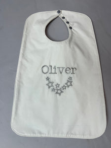 Special occasion personalised Super bibs! Wider and longer with an adustable neck opening for the perfect fit
