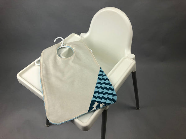 Super bibs! Wider and longer with an adustable neck opening for the perfect fit - Blues
