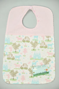Super bibs! Wider and longer with an adustable neck opening for the perfect fit - Pink princess fairy horse and carriage