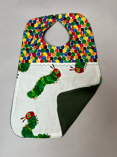 Super bibs! Wider and longer with an adjustable neck opening for the perfect fit - Hungry Caterpillar